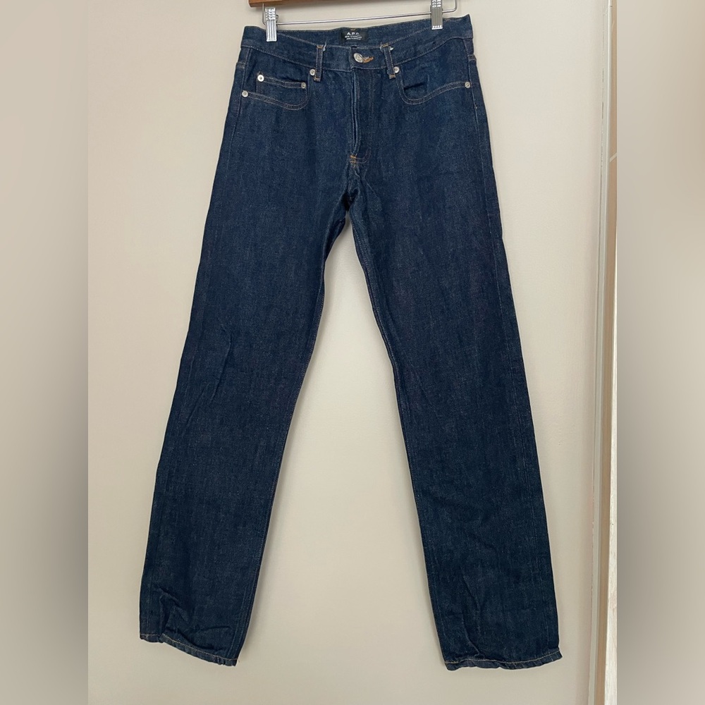 APC raw dark denim button fly straight leg, sz 29